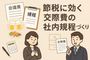 「節税に効く交際費の社内規程づくり」をテーマにしたアイキャッチ画像。会議費・規程の書類、ビールや食事、スーツ姿の人物が描かれたイラスト。