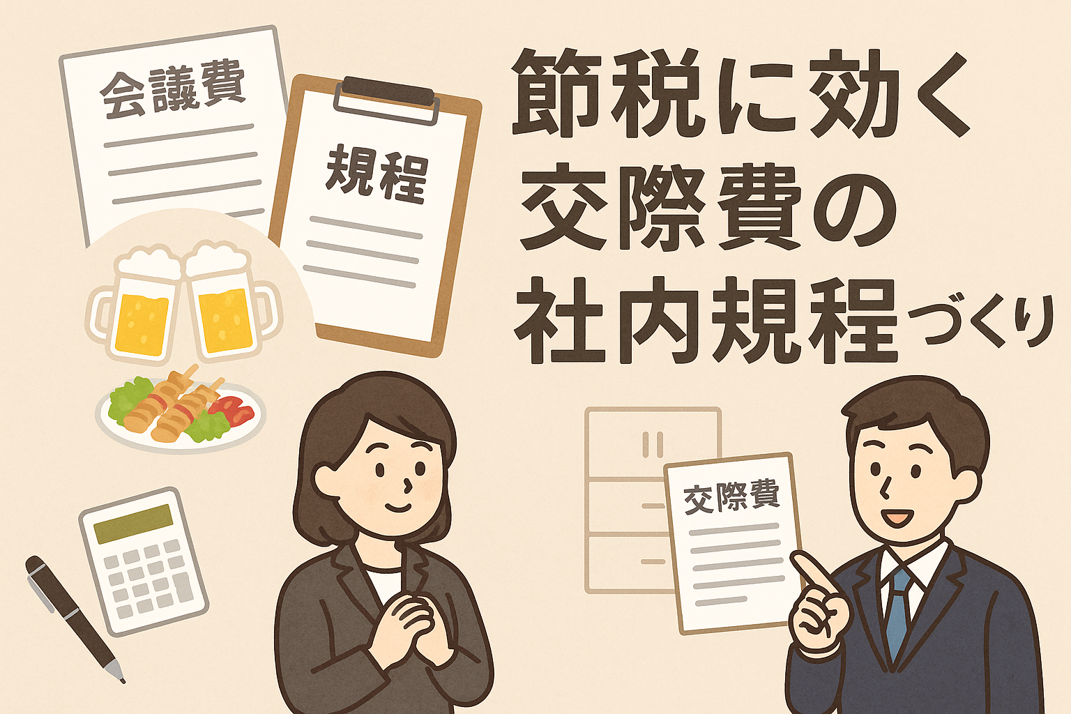「節税に効く交際費の社内規程づくり」をテーマにしたアイキャッチ画像。会議費・規程の書類、ビールや食事、スーツ姿の人物が描かれたイラスト。