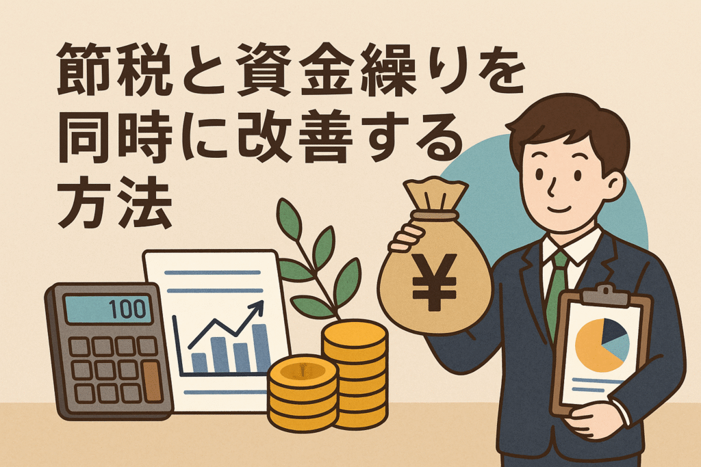 「節税と資金繰りを同時に改善する方法」をテーマに、スーツ姿のビジネスマンが資金袋と資料を持ち、電卓やグラフと並ぶイラスト。