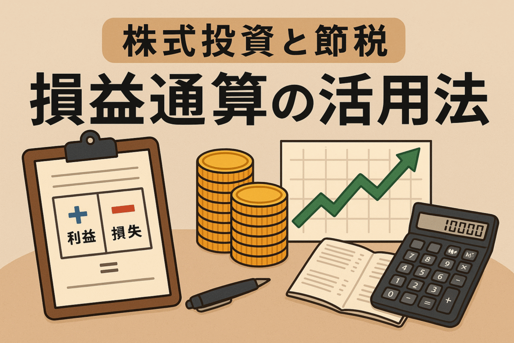 株式投資と節税の損益通算活用法をテーマにしたイラスト。コインの山、電卓、グラフ、利益と損失を示す書類が描かれている。