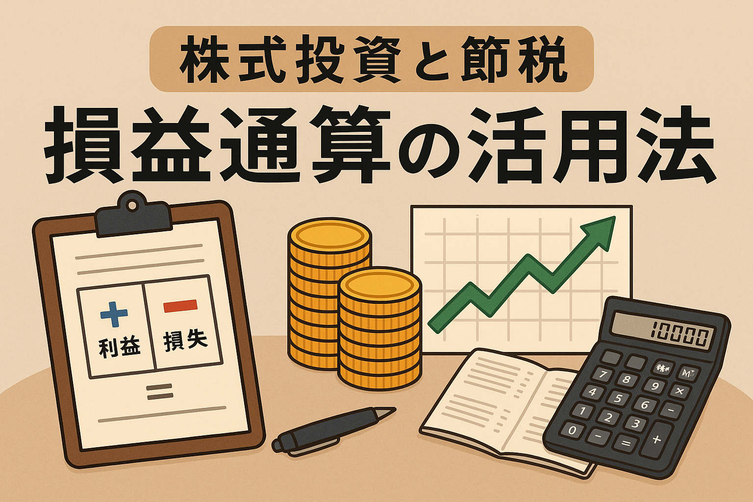 株式投資と節税の損益通算活用法をテーマにしたイラスト。コインの山、電卓、グラフ、利益と損失を示す書類が描かれている。