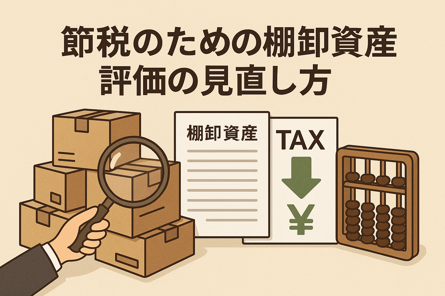 棚卸資産の評価見直しによる節税方法を解説する記事のアイキャッチ画像。段ボール、棚卸資産の書類、TAXの文字、そろばんなどが描かれ、節税を意識させるデザイン。