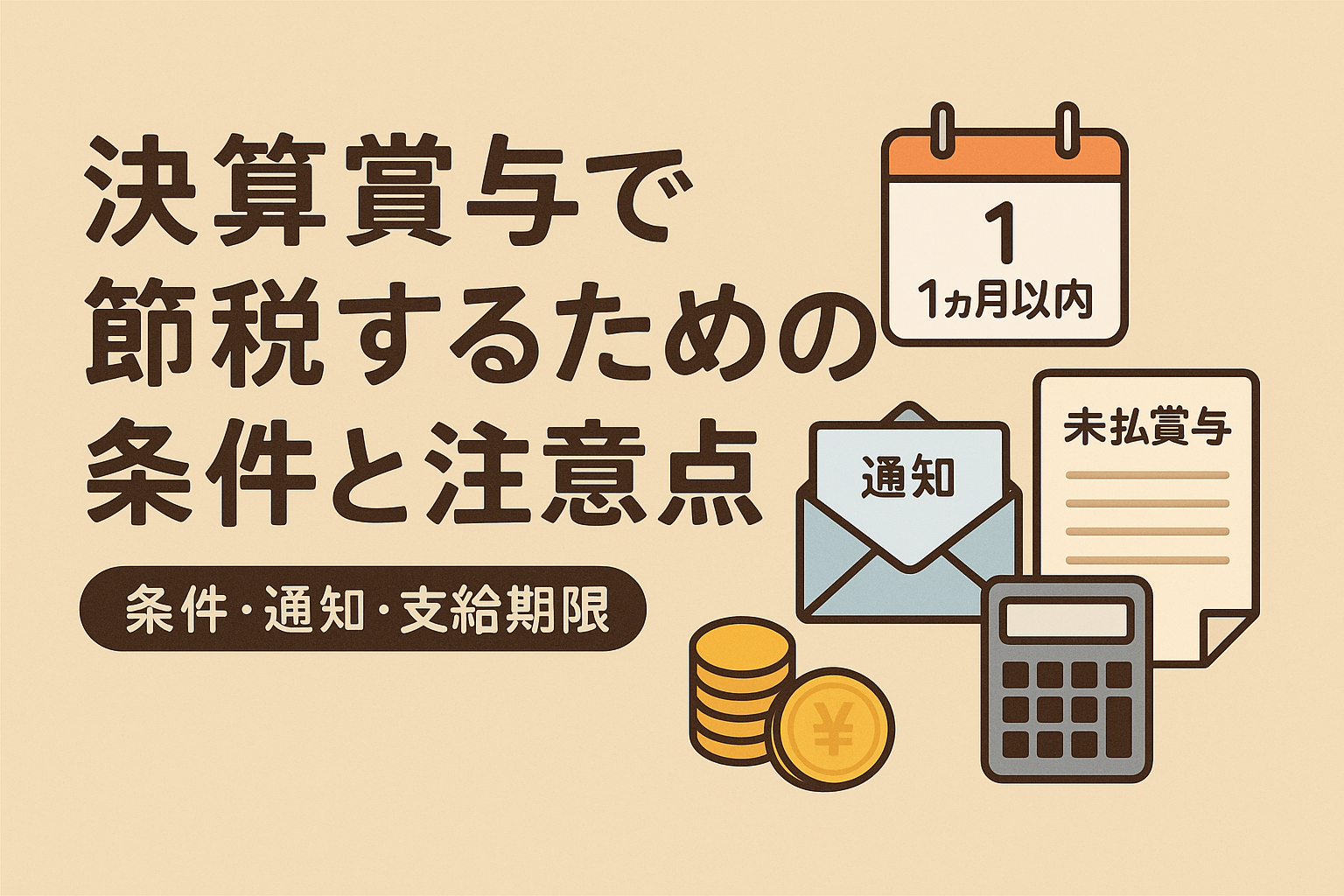 決算賞与で節税するための条件と注意点を示すアイキャッチ画像。薄いベージュ背景に、見出しテキストと「1か月以内」「通知」「未払賞与」を象徴するカレンダー・封筒・書類・電卓・コインのイラスト。