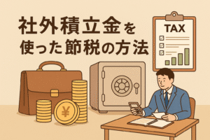 社外積立金を使った節税の方法を解説する記事のアイキャッチ画像。ビジネスマン、金庫、コイン、書類が描かれたイラスト。