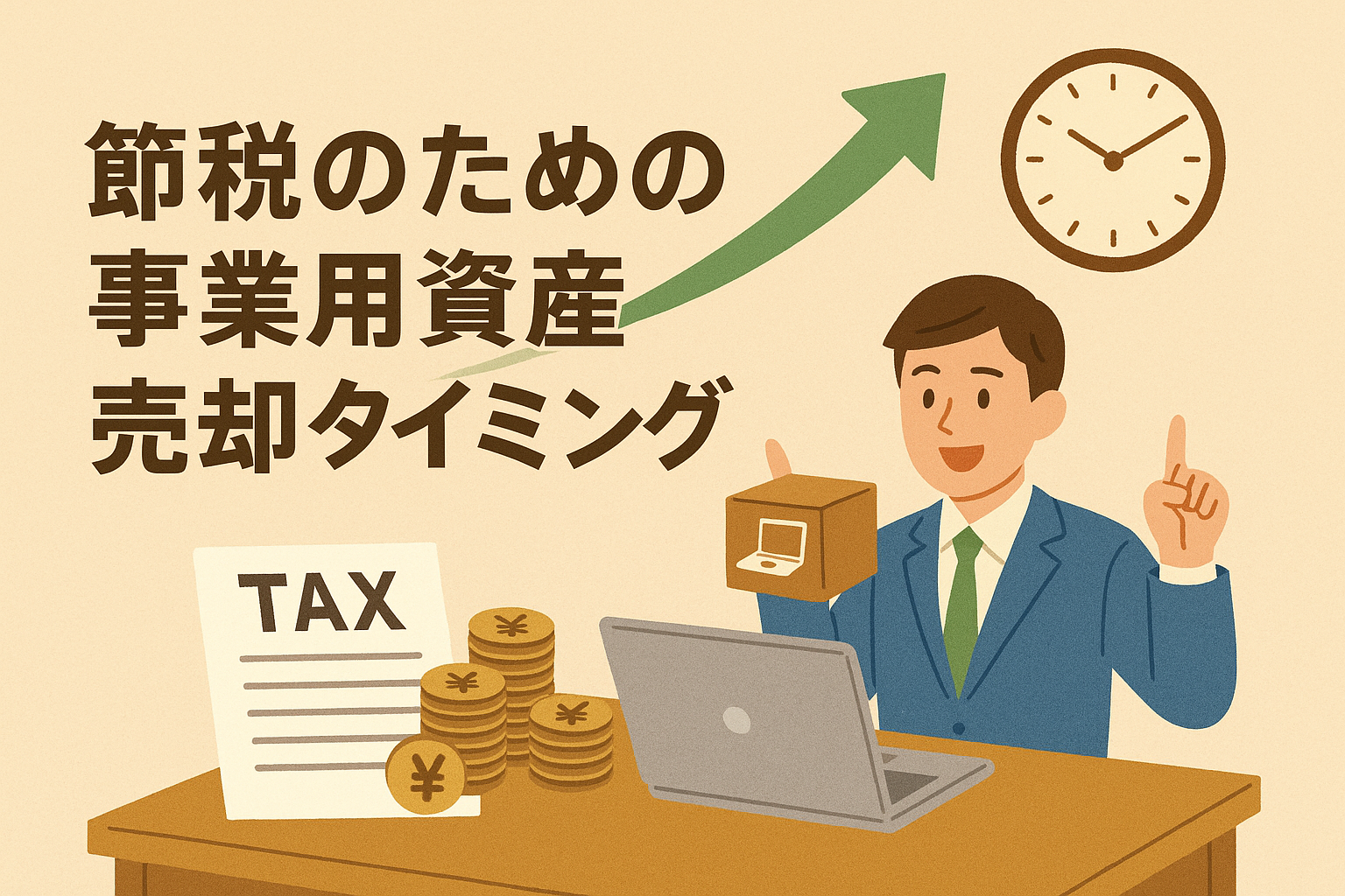 節税のための事業用資産売却タイミングを解説する記事のアイキャッチ画像。ビジネスマン、時計、矢印、コイン、TAX用紙が描かれたイラスト。