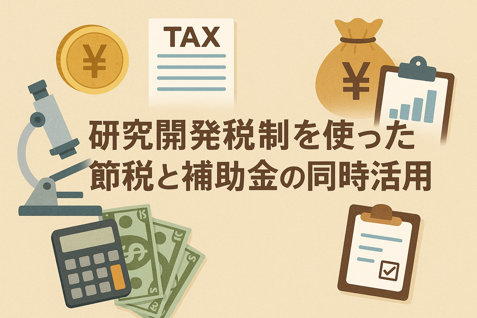 研究開発税制を活用した節税と補助金を同時に利用する方法をイメージしたアイキャッチ画像。顕微鏡・計算機・税務書類・お金のイラスト入り。