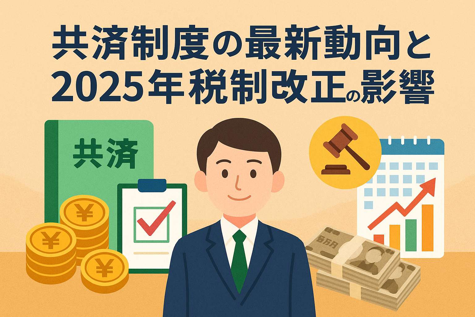 共済制度と2025年税制改正の影響を解説する記事用アイキャッチ画像。スーツ姿の男性、共済の冊子、コイン、グラフ、裁判のハンマーなどのイラスト入り。