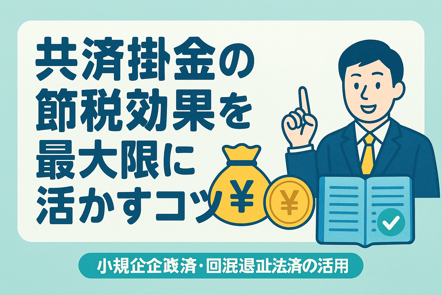 共済掛金の節税効果を最大限に活かすコツというタイトルを配置したアイキャッチ。ビジネス人物と通帳・円マーク・お金袋のアイコンで節税と積立を表現。