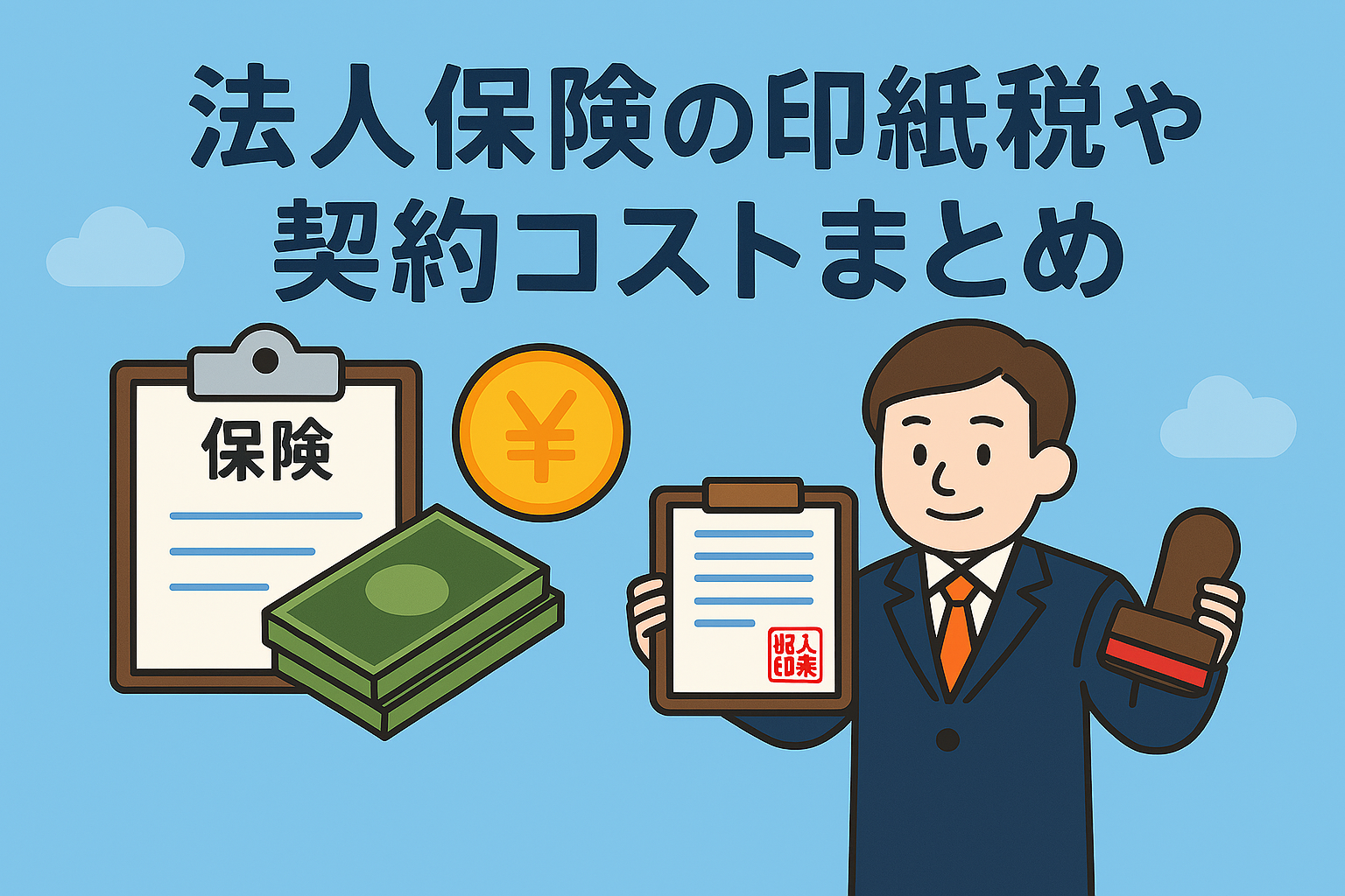 法人保険にかかる印紙税や契約コストの概要をわかりやすく伝える親しみやすいイラスト