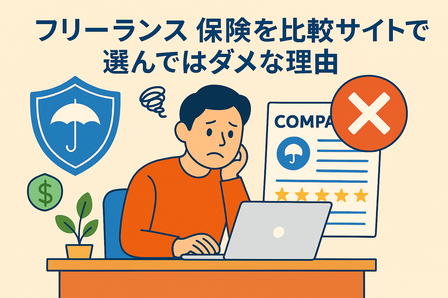 フリーランス保険を比較サイトで選ぶリスクを伝える親しみやすいイラスト