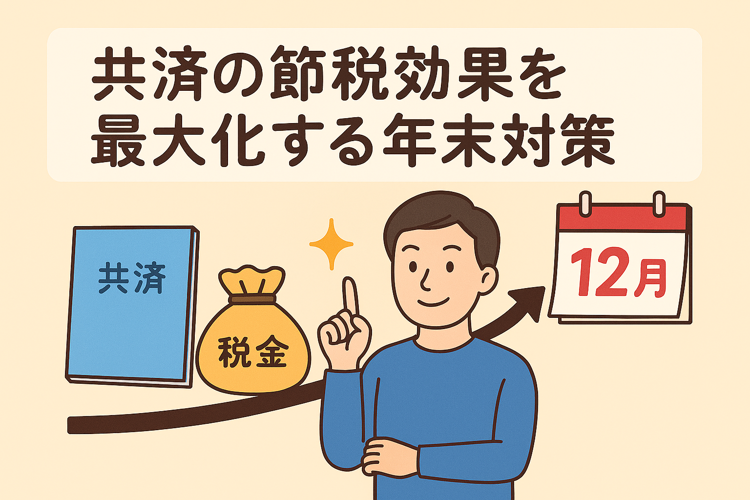 共済による節税効果を最大限に活かす年末対策を紹介する記事用アイキャッチ画像。ベージュ背景に親しみやすい日本語見出し入り。