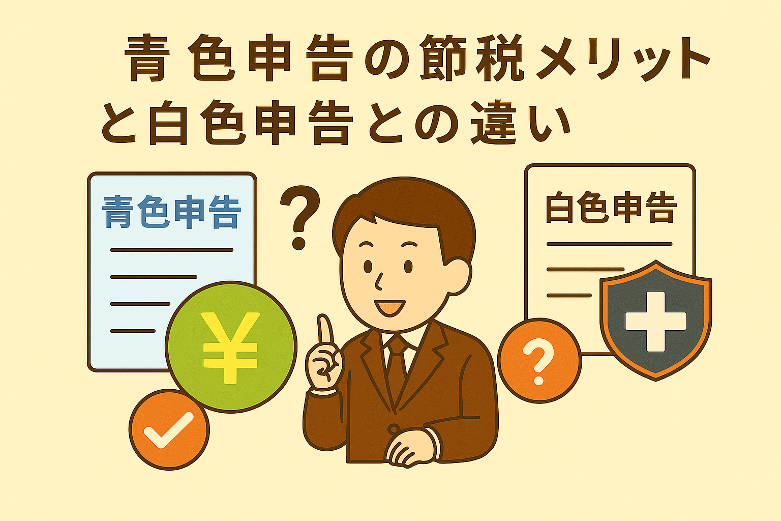 青色申告による節税メリットと白色申告との違いを表現したベージュ基調の親しみやすいイラスト