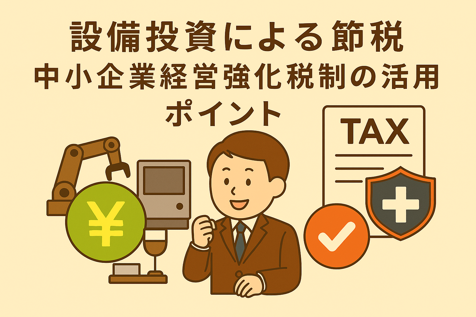 設備投資による節税と中小企業経営強化税制の活用を表現したベージュ基調の親しみやすいイラスト