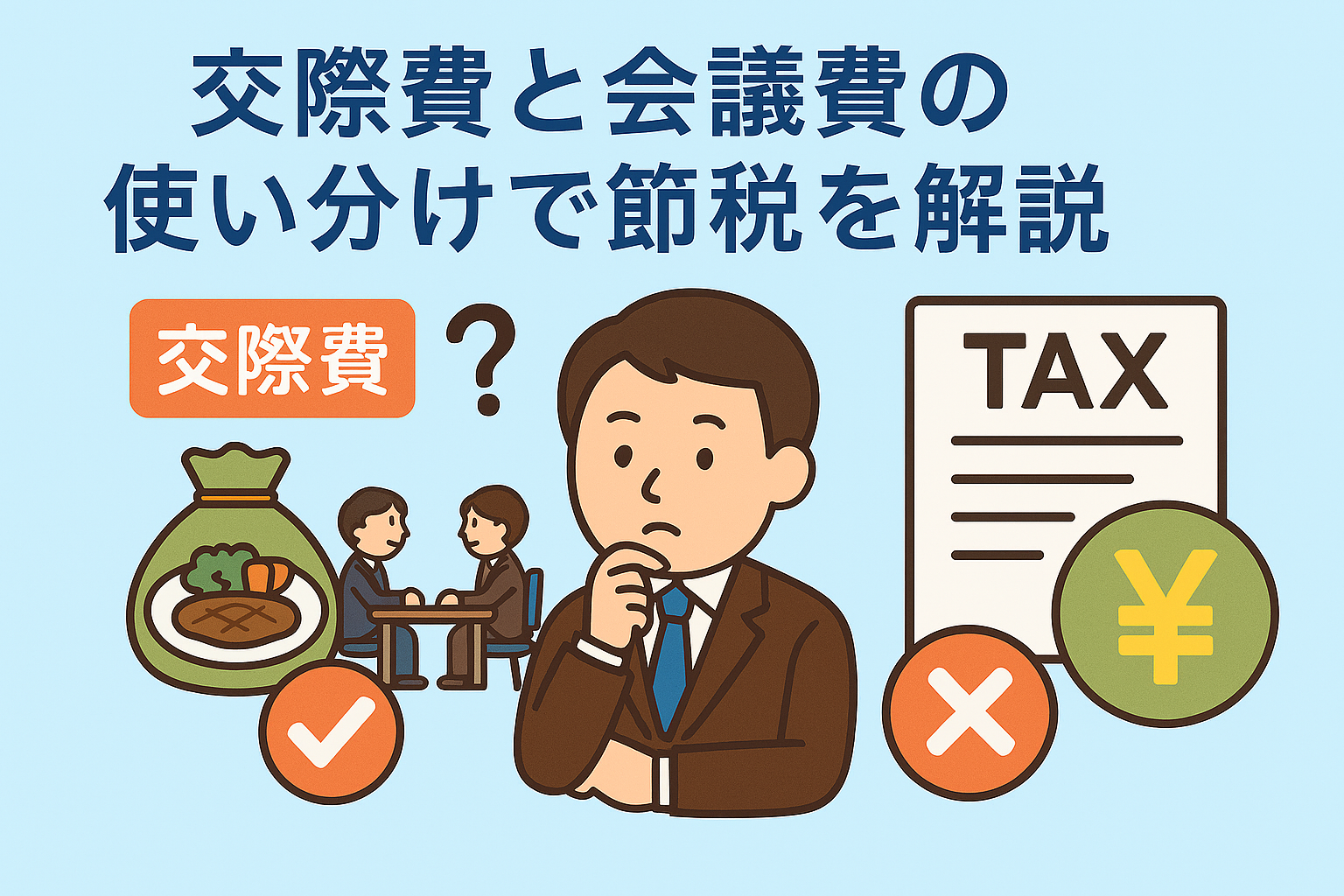 交際費と会議費の使い分けによる節税効果を表現した親しみやすいイラスト