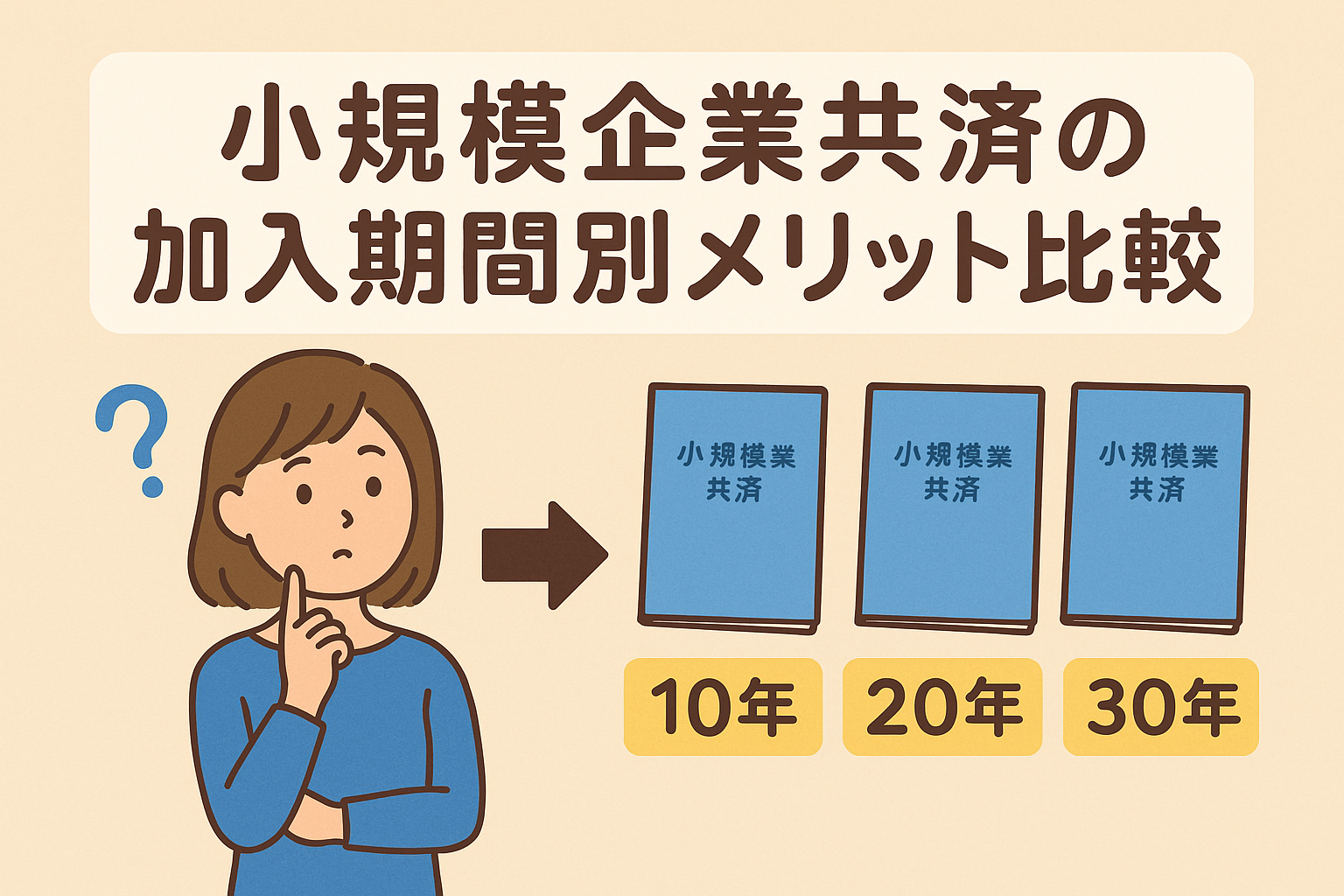 小規模企業共済の加入期間ごとのメリットを比較する記事用アイキャッチ画像。ベージュ背景に親しみやすい日本語見出し入り。