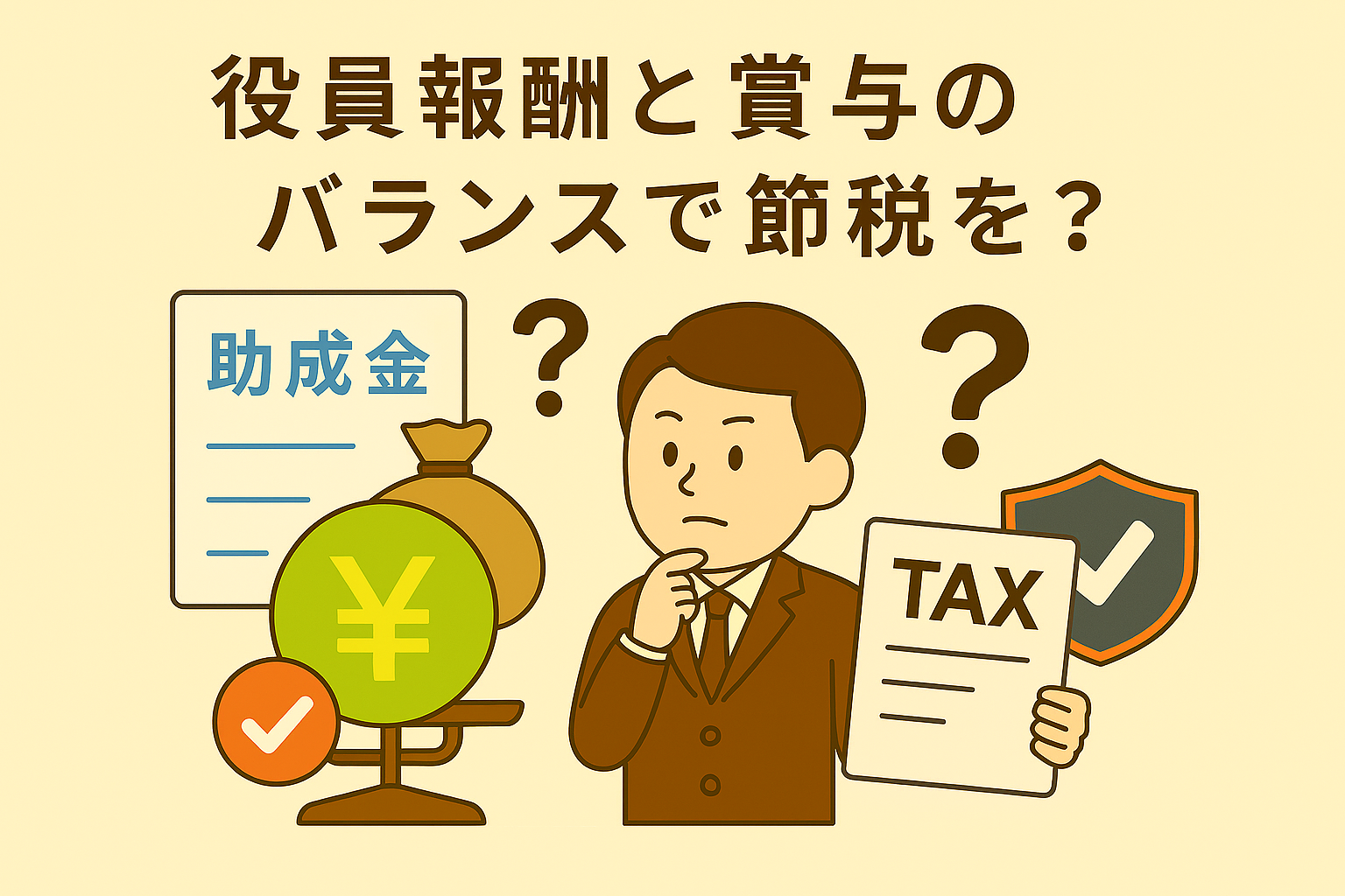 役員報酬と賞与のバランスによる節税の可能性を表現したベージュ基調の親しみやすいイラスト