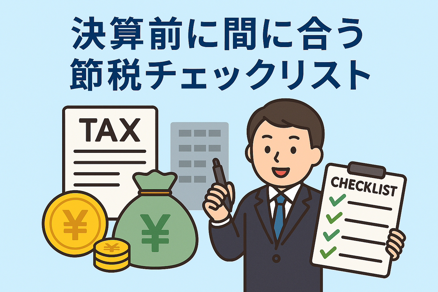 決算前の節税対策をチェックするビジネスマンとチェックリストのイラスト