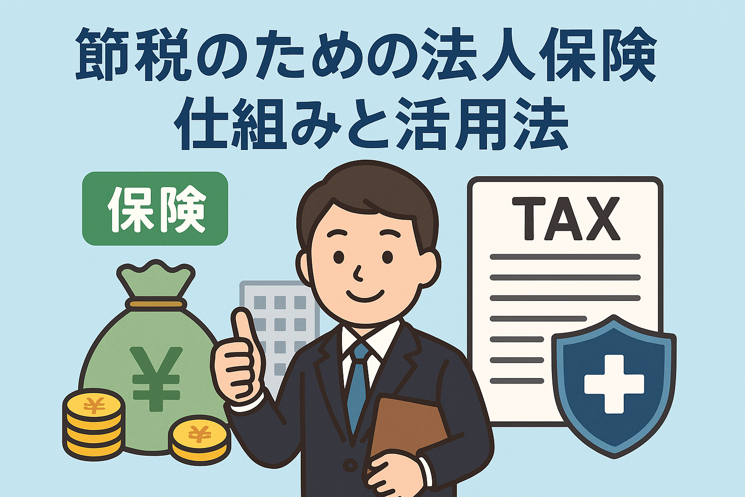 法人保険を活用した節税対策をイメージした親しみやすいイラスト