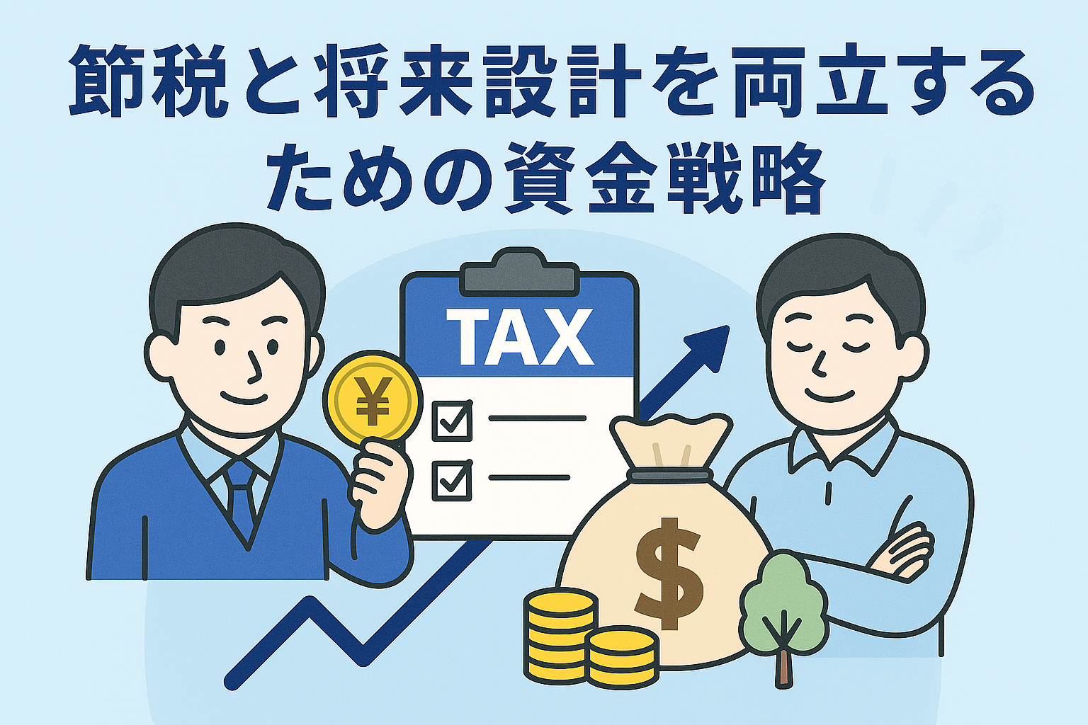 節税と将来設計を両立するための資金戦略をテーマにした親しみやすいイラスト。電卓、貯金箱、グラフ、笑顔の人物などが描かれている。