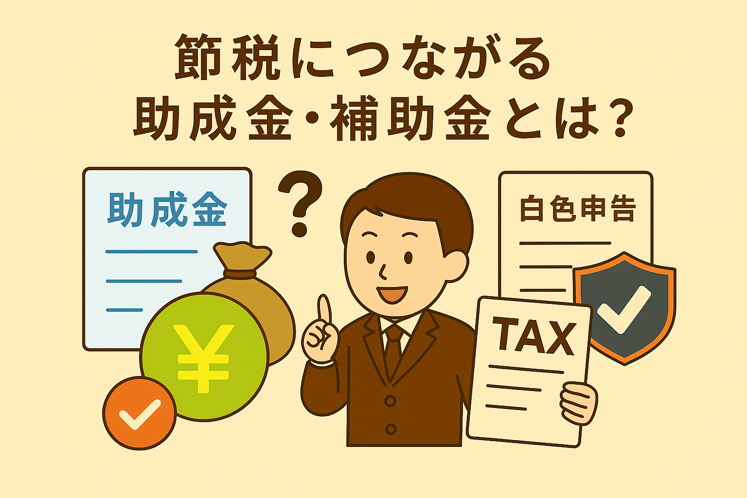 節税につながる助成金・補助金の仕組みを表現したベージュ基調の親しみやすいイラスト