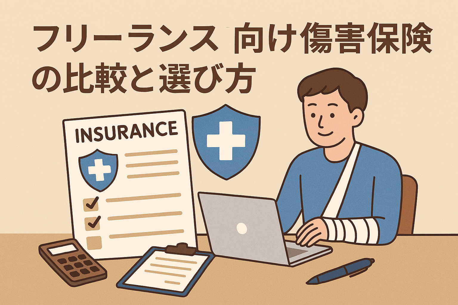 フリーランス向け傷害保険の選び方を紹介するベージュ背景のイラスト。腕を負傷した男性がノートPCで作業しており、保険書類や保護の象徴である盾アイコンが描かれている。