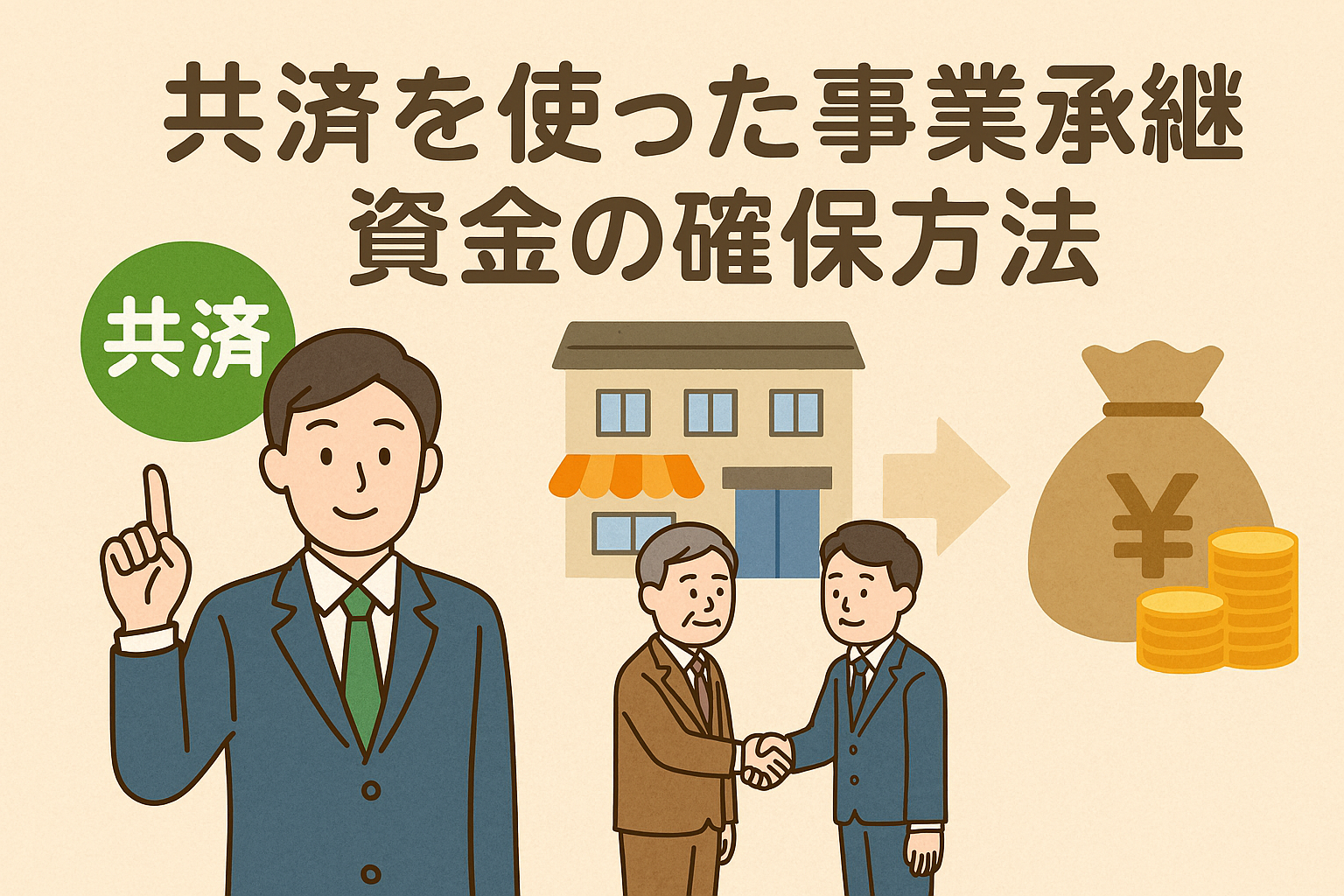 共済制度を活用して事業承継資金を確保する方法を説明するイラスト。人物、事業所、資金の流れを親しみやすく表現。