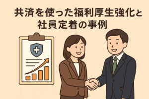共済制度を活用した福利厚生強化と社員定着の事例を紹介する親しみやすいイラスト。ビジネスマンとビジネスウーマンが握手し、福利厚生や成長を象徴するアイコンが添えられている。