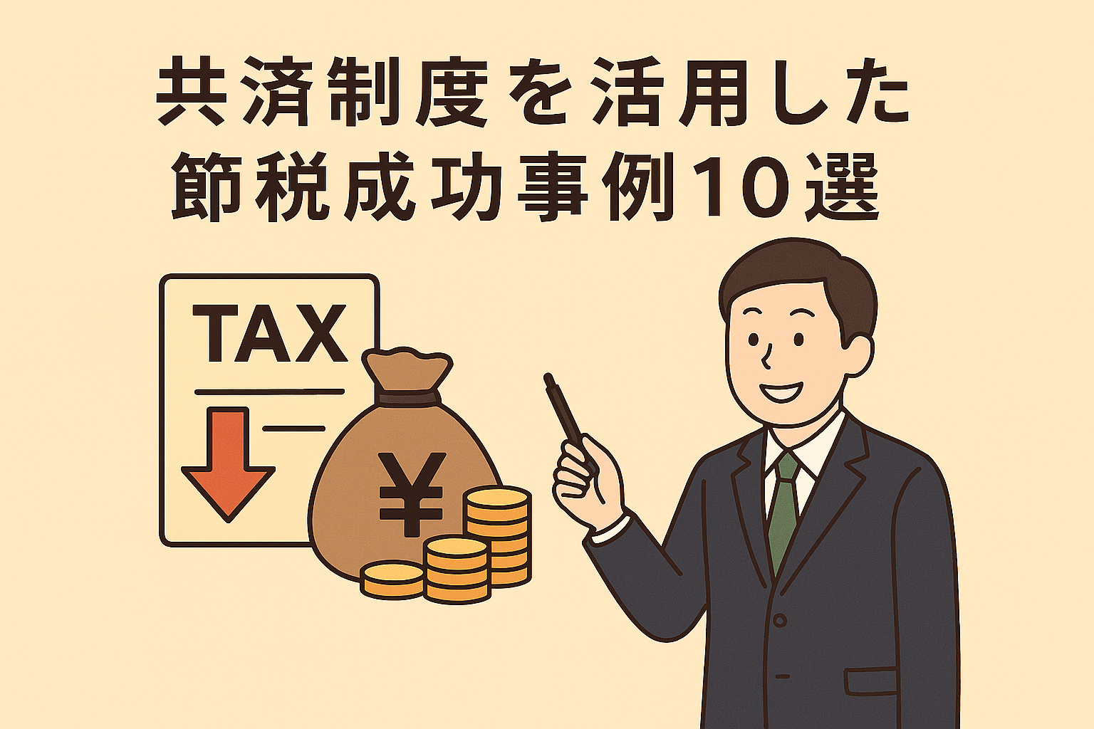 共済制度を活用した節税成功事例を紹介する親しみやすいイラスト。税金削減を示すアイコンと、説明するビジネスマンが描かれている。