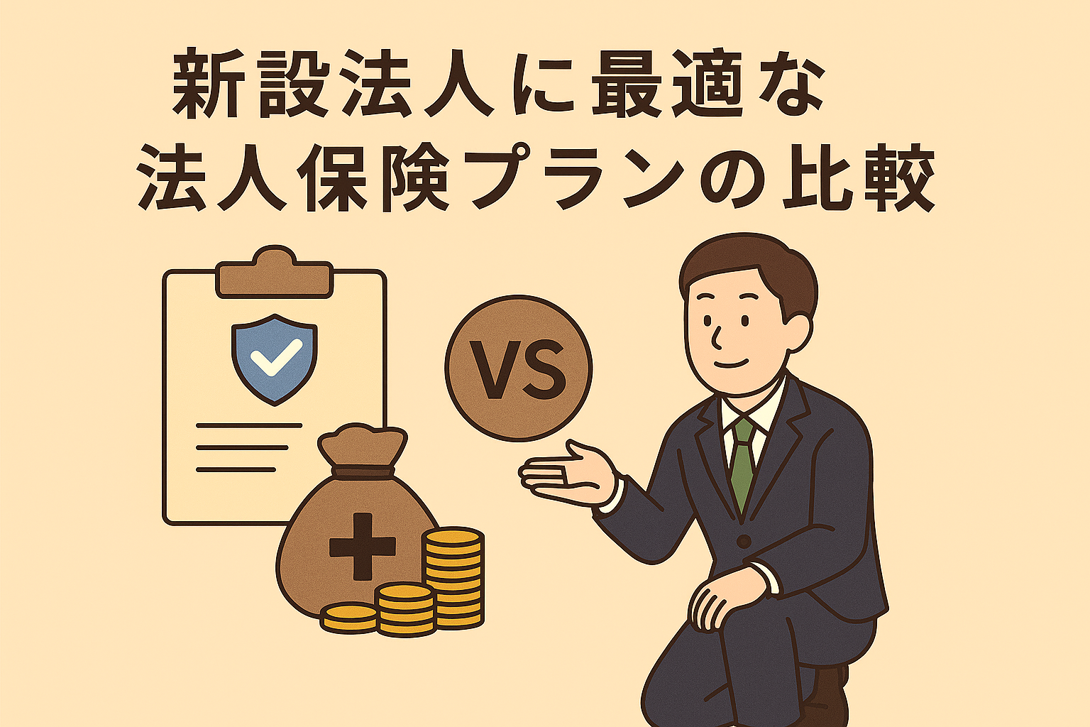 新設法人向けの法人保険プランを比較するイラスト。スーツ姿の男性が2つの保険プランを示すクリップボードを指し、中央に「VS」マークが配置されている。
