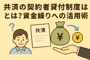 共済の契約者貸付制度と資金繰りへの活用術を表すイラスト。笑顔の男性、共済の書類、緑の資金袋、手のひらに浮かぶ円のコイン、青い矢印が描かれている。背景はベージュで親しみやすい印象。