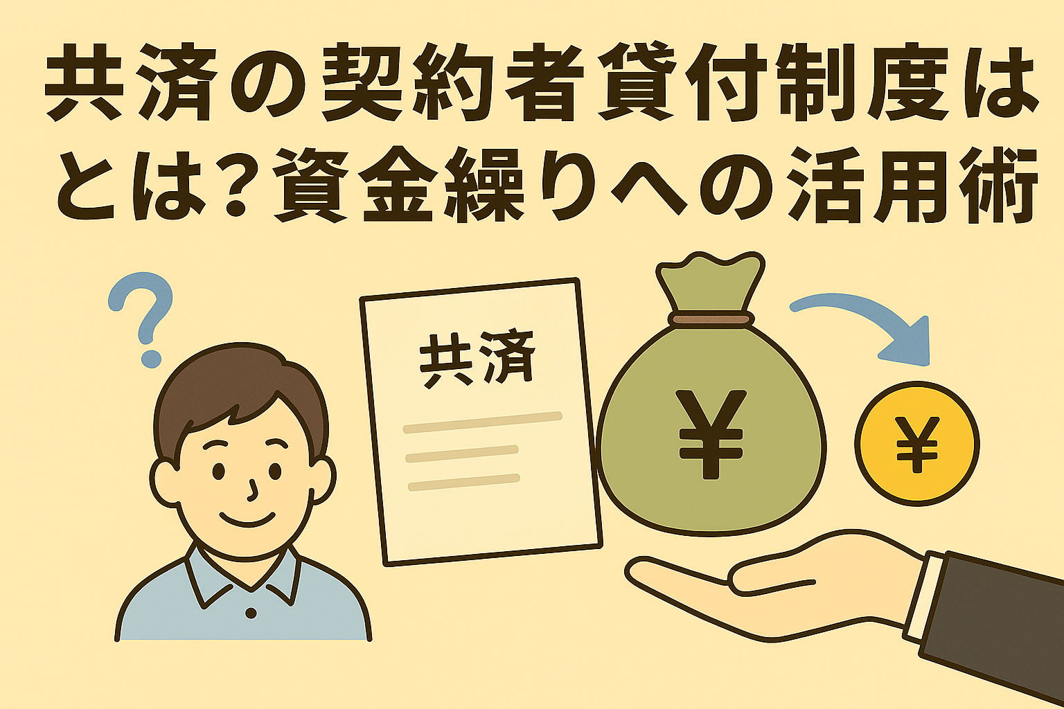 共済の契約者貸付制度と資金繰りへの活用術を表すイラスト。笑顔の男性、共済の書類、緑の資金袋、手のひらに浮かぶ円のコイン、青い矢印が描かれている。背景はベージュで親しみやすい印象。