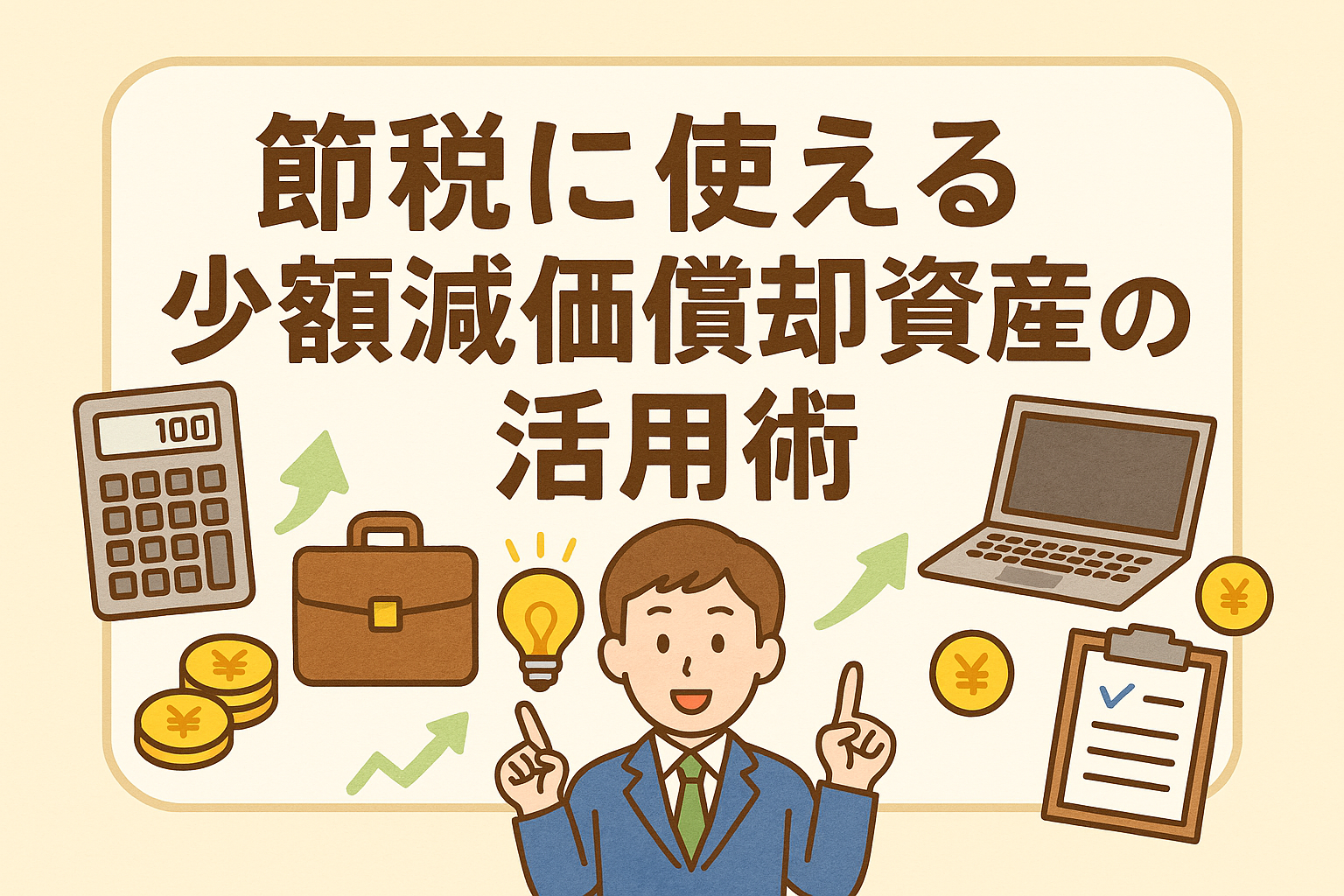 節税に役立つ少額減価償却資産の活用術を紹介する親しみやすいイラスト。電卓やパソコン、書類などのアイコンと、スーツ姿の男性キャラクターが描かれている。