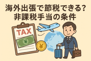 海外出張と節税をテーマにしたイラスト。スーツケースを持つビジネスマン、税金書類、飛行機、世界地図などが描かれている。