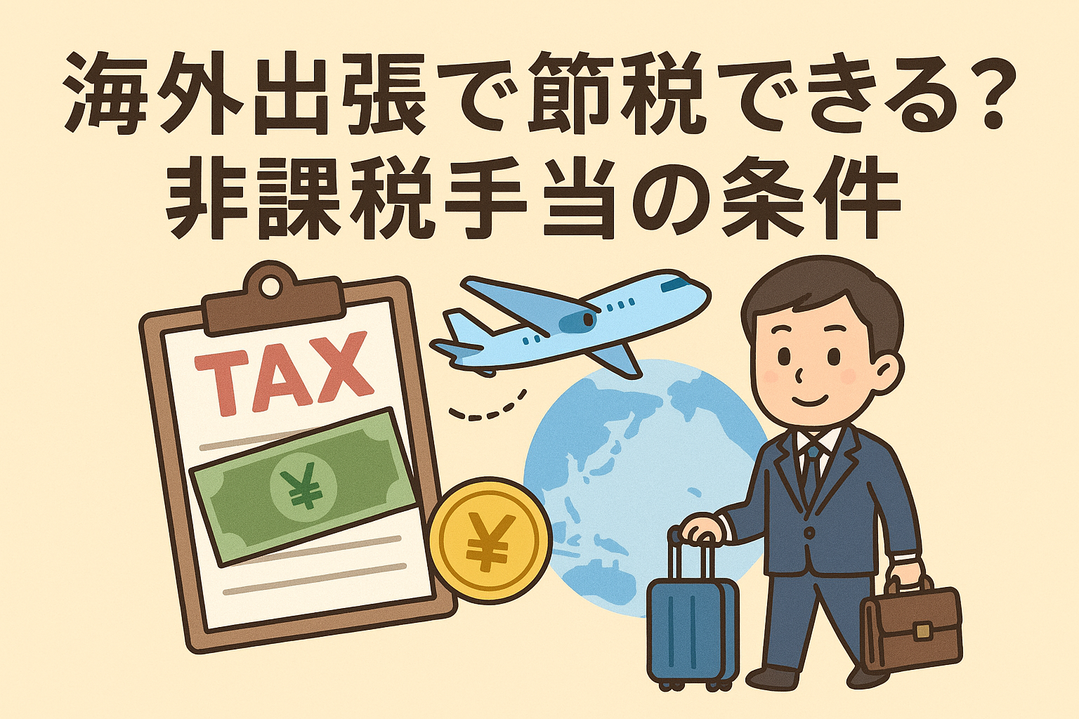 海外出張と節税をテーマにしたイラスト。スーツケースを持つビジネスマン、税金書類、飛行機、世界地図などが描かれている。
