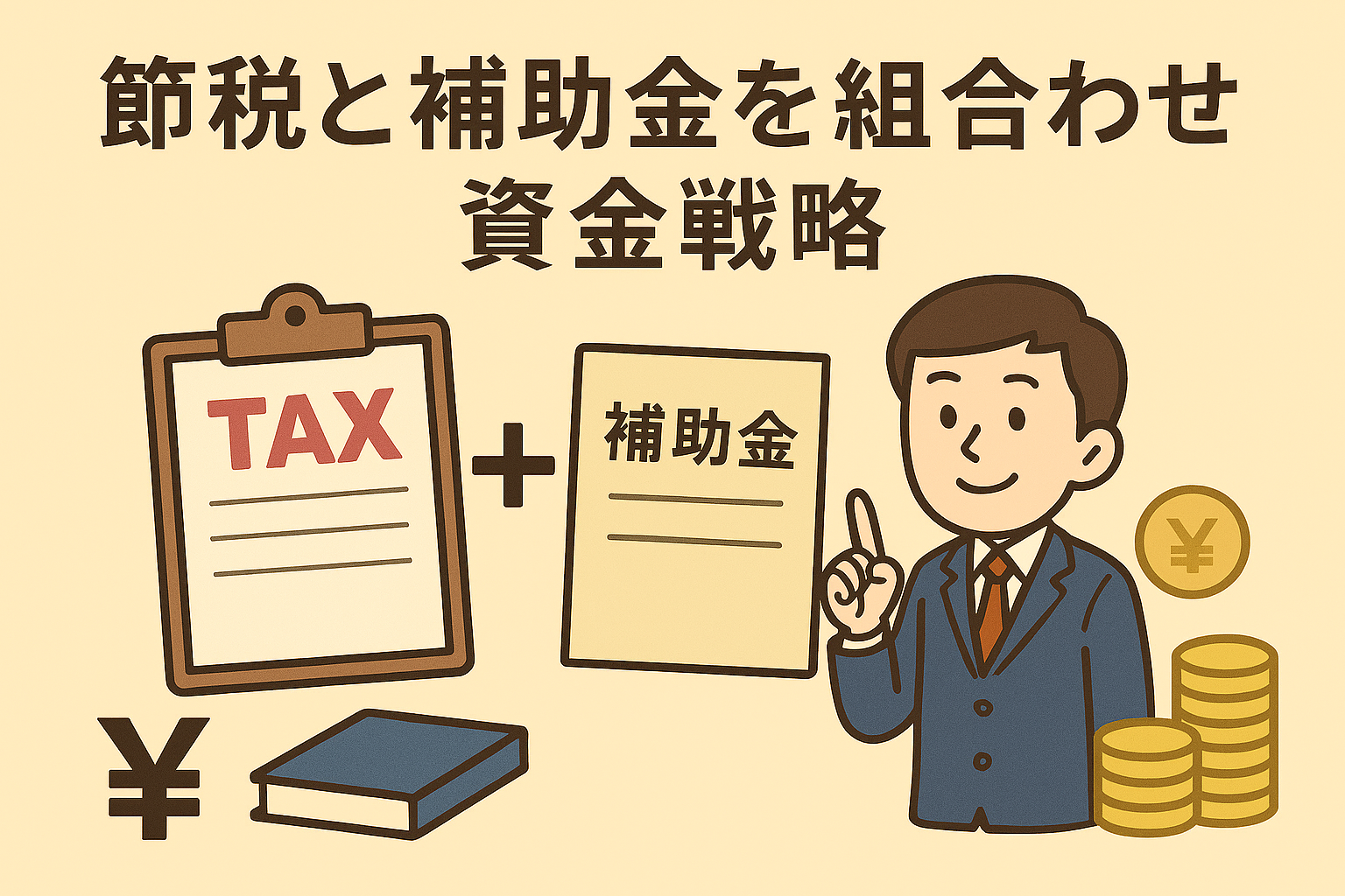 節税と補助金を組み合わせた資金戦略をテーマにしたイラスト。TAX書類と補助金申請書、ビジネスマン、円記号入りのコインが描かれている。