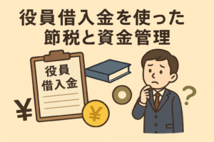 役員借入金をテーマにしたイラスト。書類、本、左右の円記号、表情のある男性役員などが描かれている。