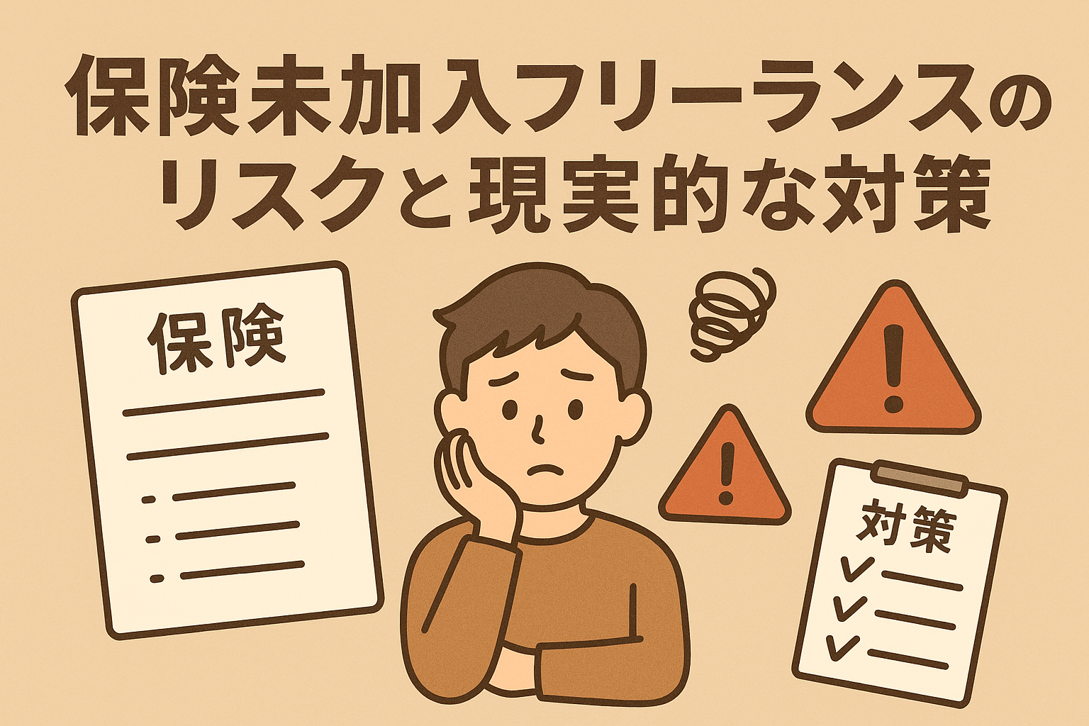 保険未加入のフリーランスが抱えるリスクと現実的な対策を表現したイラスト。ベージュ背景に日本語タイトル、悩む表情の男性キャラクター、保険書類、警告アイコン、対策チェックリストが描かれている。