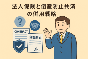 法人保険と倒産防止共済の併用戦略をテーマにした親しみやすいイラスト。ベージュ背景にスーツ姿の男性、握手アイコン、保険と倒産防止の書類が描かれ、日本語タイトルが表示されている。