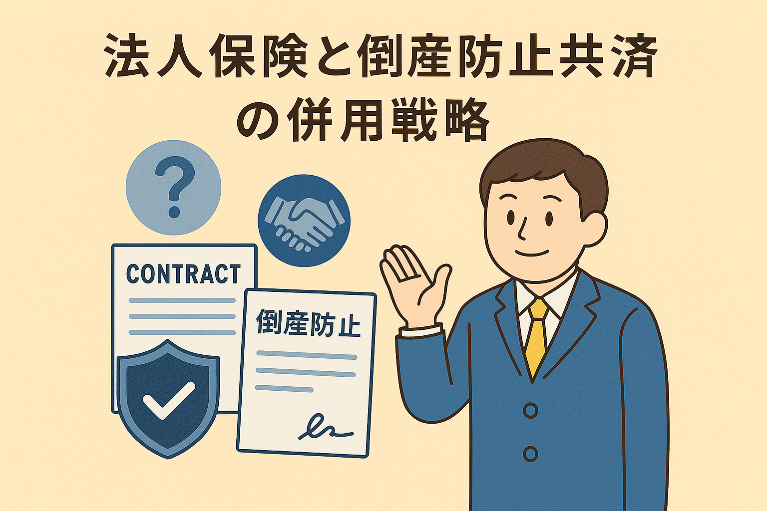 法人保険と倒産防止共済の併用戦略をテーマにした親しみやすいイラスト。ベージュ背景にスーツ姿の男性、握手アイコン、保険と倒産防止の書類が描かれ、日本語タイトルが表示されている。