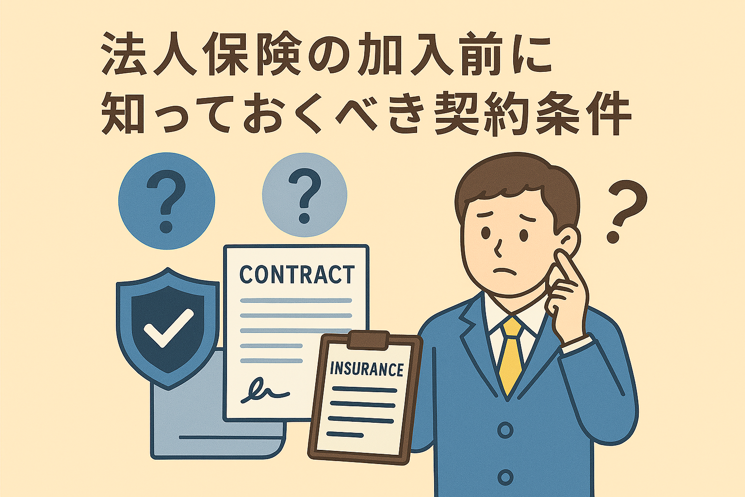 法人保険の契約前に確認すべき条件をテーマにしたイラスト。ベージュ背景に日本語タイトルが表示され、契約書や保険書類、疑問符アイコン、悩む表情のスーツ姿の男性が描かれている。
