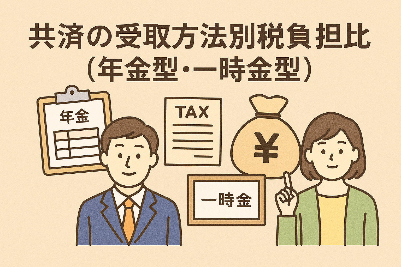共済の受取方法別の税負担比較を説明するイラスト（年金型と一時金型の違いを表現）