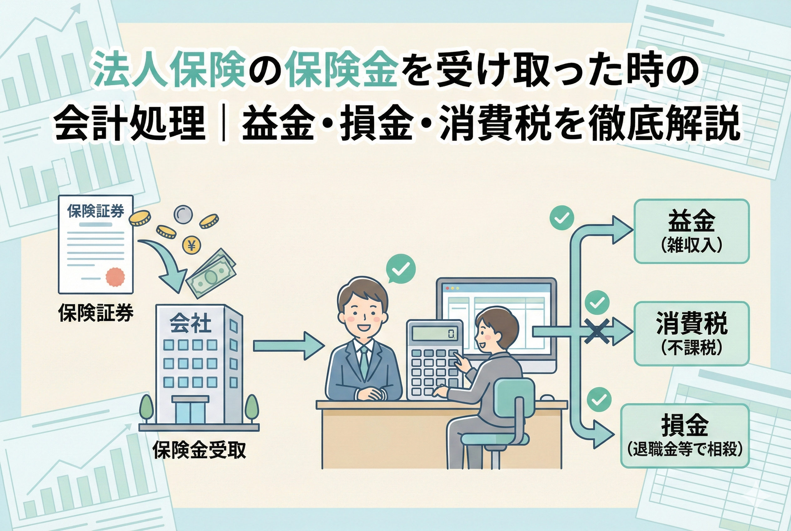 「法人保険の保険金を受け取った時の会計処理｜益金・損金・消費税を徹底解説」というタイトルのアイキャッチ画像。保険証券から会社に保険金が入金され、その後の会計処理として「益金（雑収入）」「消費税（不課税）」「損金（退職金等で相殺）」という3つの流れを、笑顔の経営者と経理担当者がフロー図で示しているイラストです。