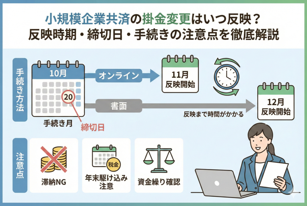 小規模企業共済の掛金変更反映スケジュールを解説した図解。オンライン手続き(翌月反映)と書面手続き(翌々月反映)の違いや、20日の締切日、滞納不可・資金繰り確認・年末の駆け込み注意などの重要ポイントをまとめたアイキャッチ画像。