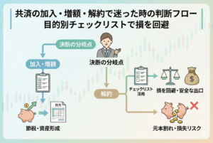 共済（小規模企業共済・倒産防止共済）の加入・増額・解約の判断フローを可視化した図解画像。チェックリストを活用して「節税・資産形成」に繋げる正しいルートと、無計画な解約による「元本割れ・損失リスク」を回避して「安全な出口」へ向かうための決断の分岐点を描いたアイキャッチ画像。
