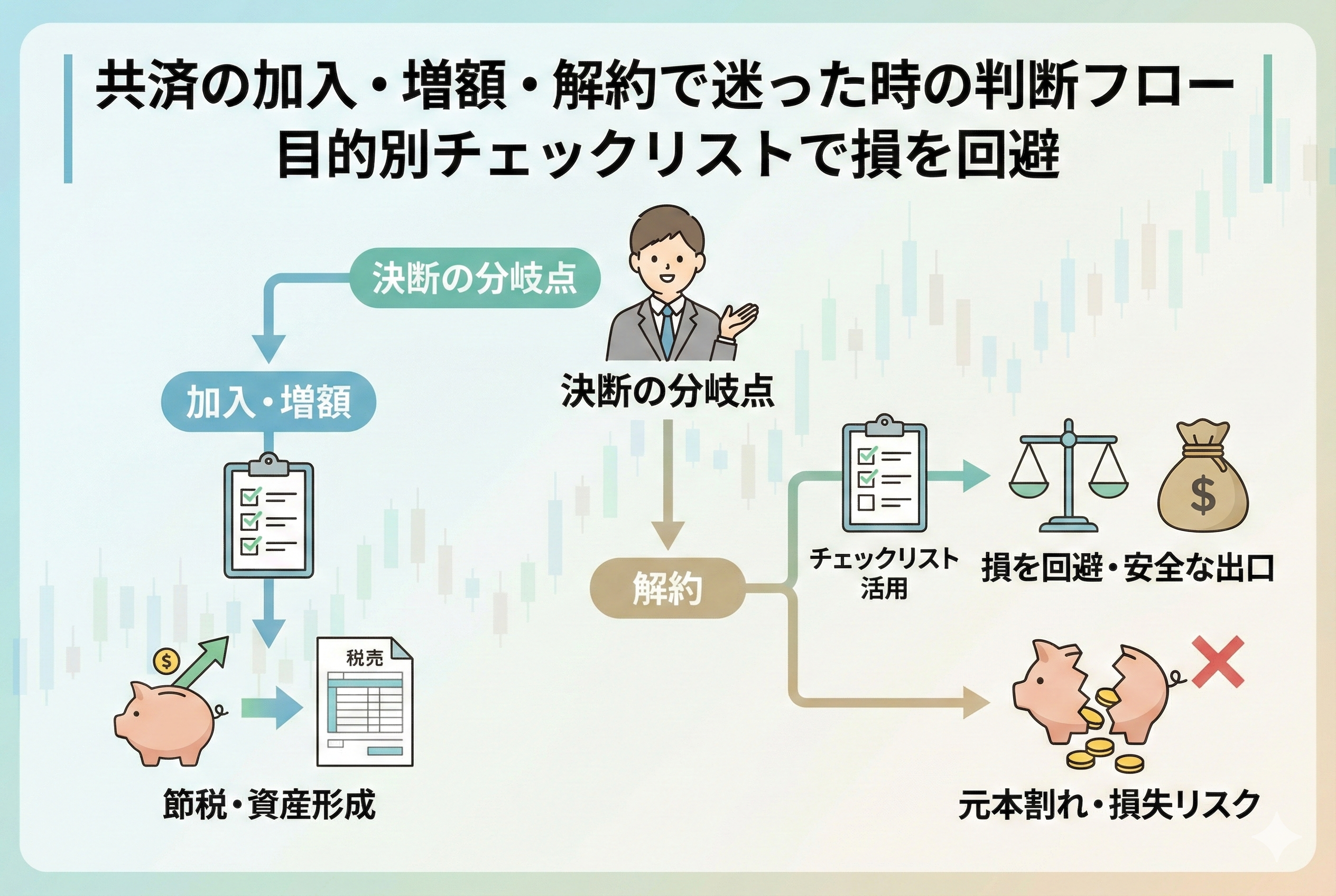 共済（小規模企業共済・倒産防止共済）の加入・増額・解約の判断フローを可視化した図解画像。チェックリストを活用して「節税・資産形成」に繋げる正しいルートと、無計画な解約による「元本割れ・損失リスク」を回避して「安全な出口」へ向かうための決断の分岐点を描いたアイキャッチ画像。