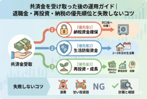 共済金受取後の運用優先順位を図解したアイキャッチ画像。優先度1「納税資金確保（別口座へ分離）」、優先度2「生活防衛資金（2〜3年分の生活費）」、優先度3「再投資・成長（新NISA・iDeCo・事業投資）」の3ステップをフローで表現。下部には「浪費」や「甘い投資話」を避け、「計画と相談」を推奨する失敗しないコツも記載された、経営者向けマネープランのガイド図。