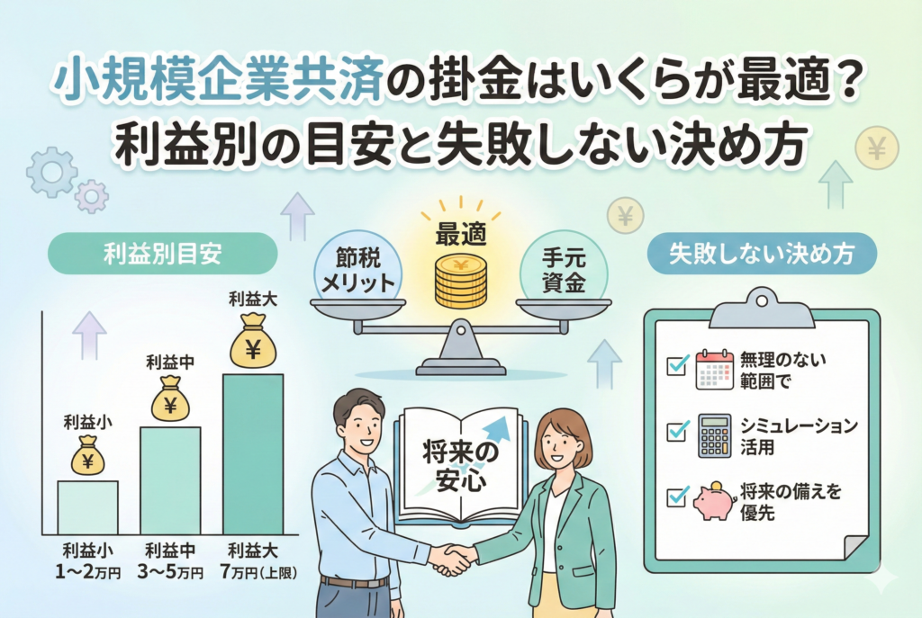 小規模企業共済の最適な掛金を決定するための要素を図解したイラスト。利益別の掛金目安、節税と手元資金のバランスを取る重要性、そして無理のない範囲でのシミュレーション活用といった「失敗しない決め方」のポイントが、経営者の男女のイラストとともに視覚的にまとめられている。
