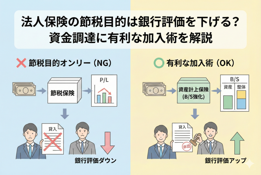 法人保険の『節税目的オンリー（NG例）』と『有利な加入術（OK例）』を比較したインフォグラフィック。左側は節税保険による利益圧縮が銀行評価を下げる様子を、右側は資産計上保険（B/S強化）が銀行評価アップと融資承認に繋がる流れを対比させて描いたアイキャッチ画像