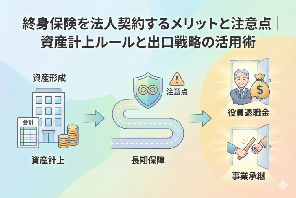 終身保険を法人契約するメリットと注意点、資産計上ルールと出口戦略の活用術を解説するインフォグラフィック画像。左側の『資産形成・資産計上』から始まり、中央の『長期保障・注意点』を経て、右側の『役員退職金・事業承継』という具体的な出口へと繋がる一連の流れを、親しみやすいイラストと矢印で視覚的に表現しています。