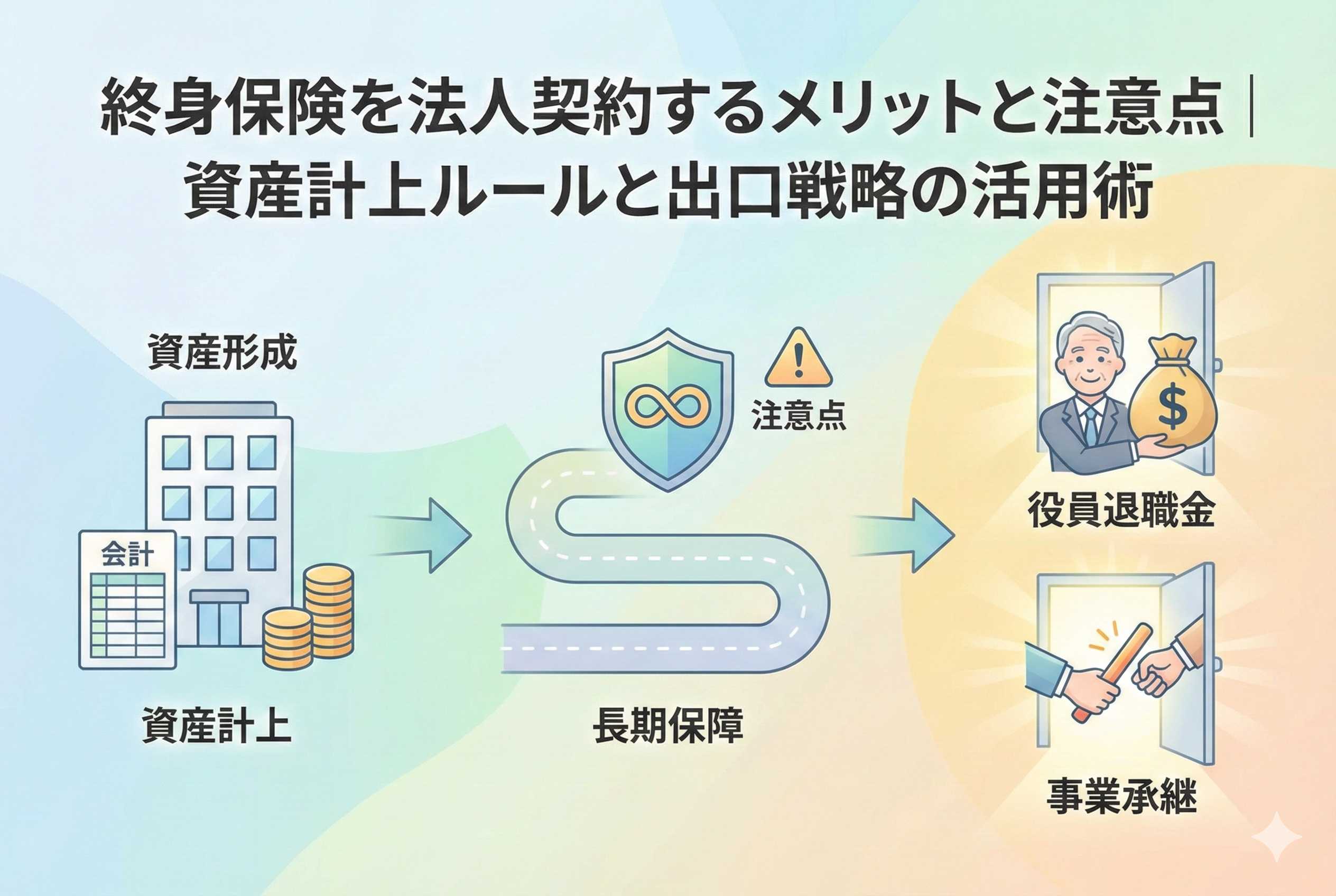 終身保険を法人契約するメリットと注意点、資産計上ルールと出口戦略の活用術を解説するインフォグラフィック画像。左側の『資産形成・資産計上』から始まり、中央の『長期保障・注意点』を経て、右側の『役員退職金・事業承継』という具体的な出口へと繋がる一連の流れを、親しみやすいイラストと矢印で視覚的に表現しています。